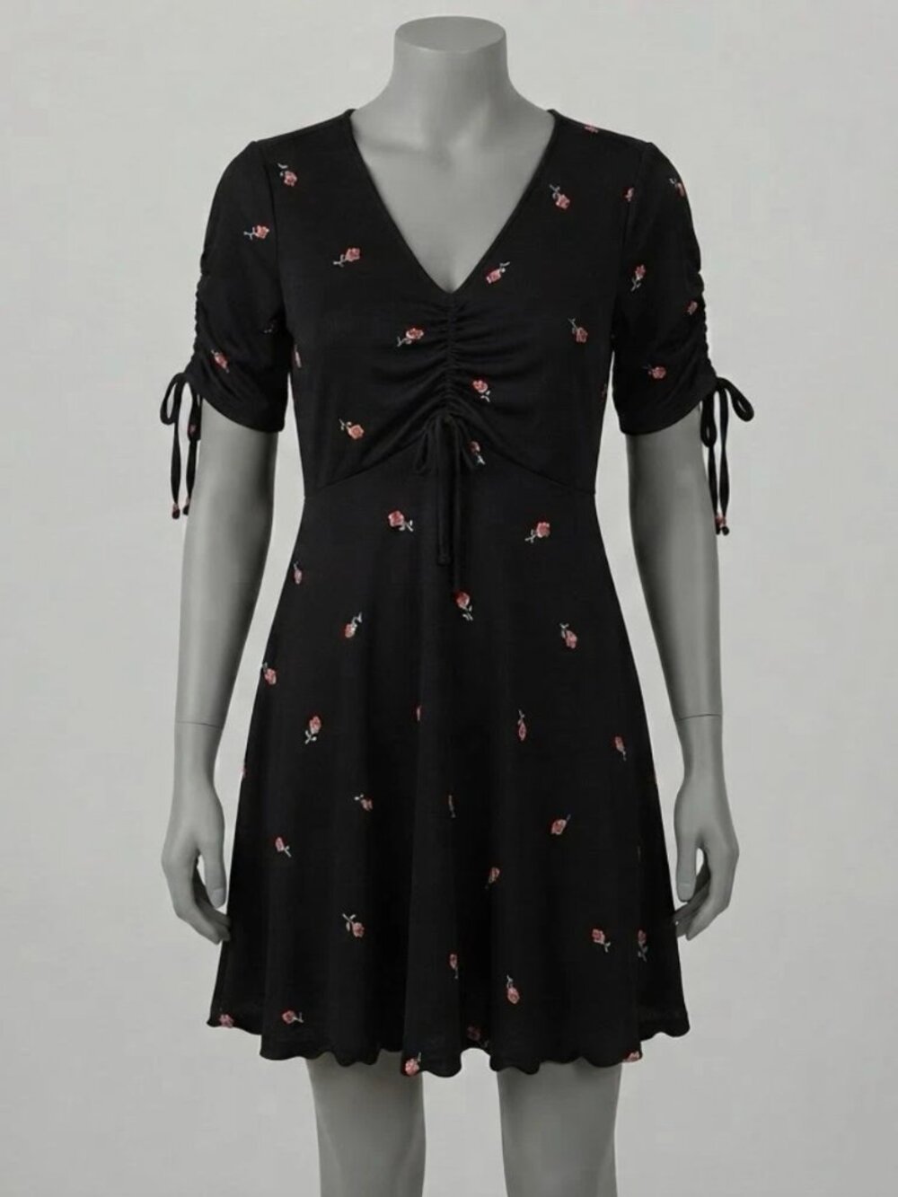 LC Lauren Conrad Women's Black Rose Floral Print Ruched Tie Sleeve Mini Dress M